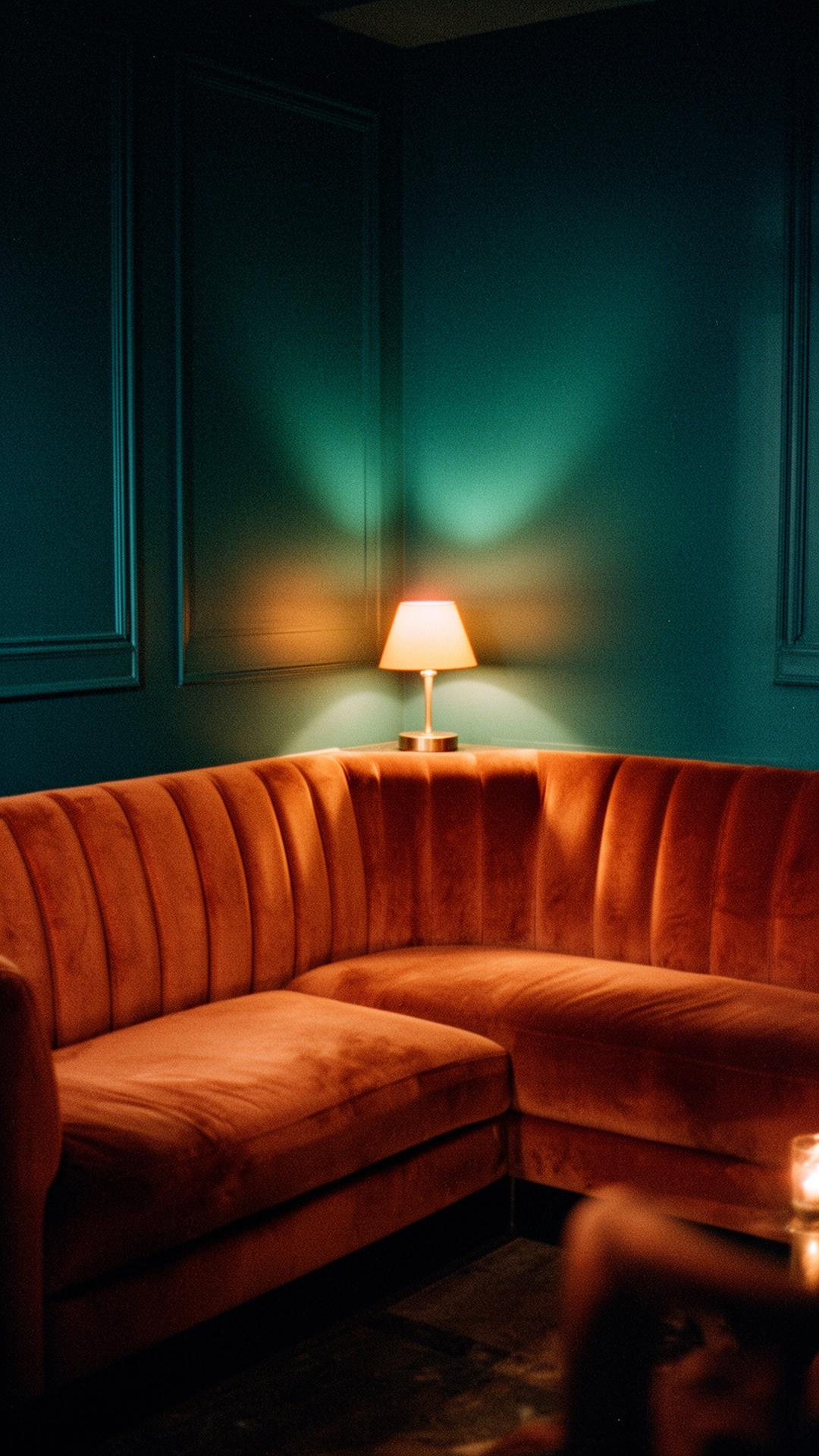 A candlelit lounge in deep teal