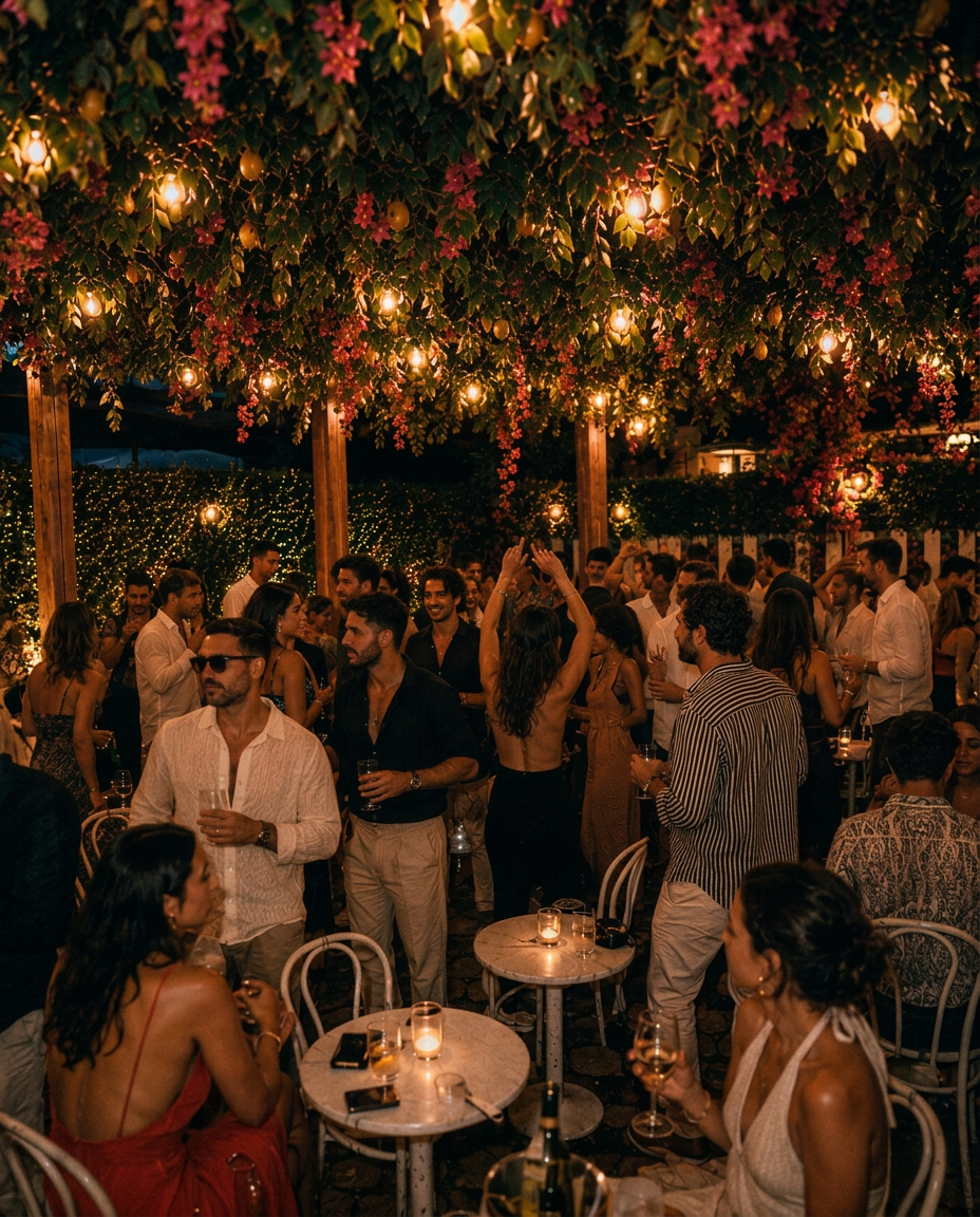 A candlelit Positano-inspired patio at night