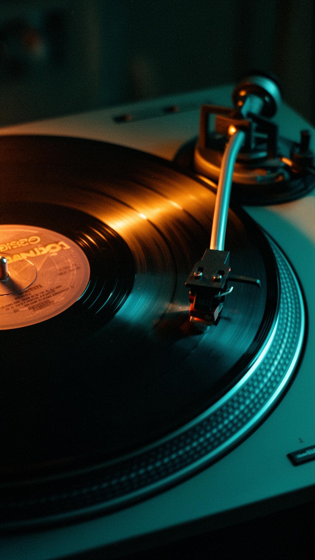 A vintage record spinning under tungsten light
